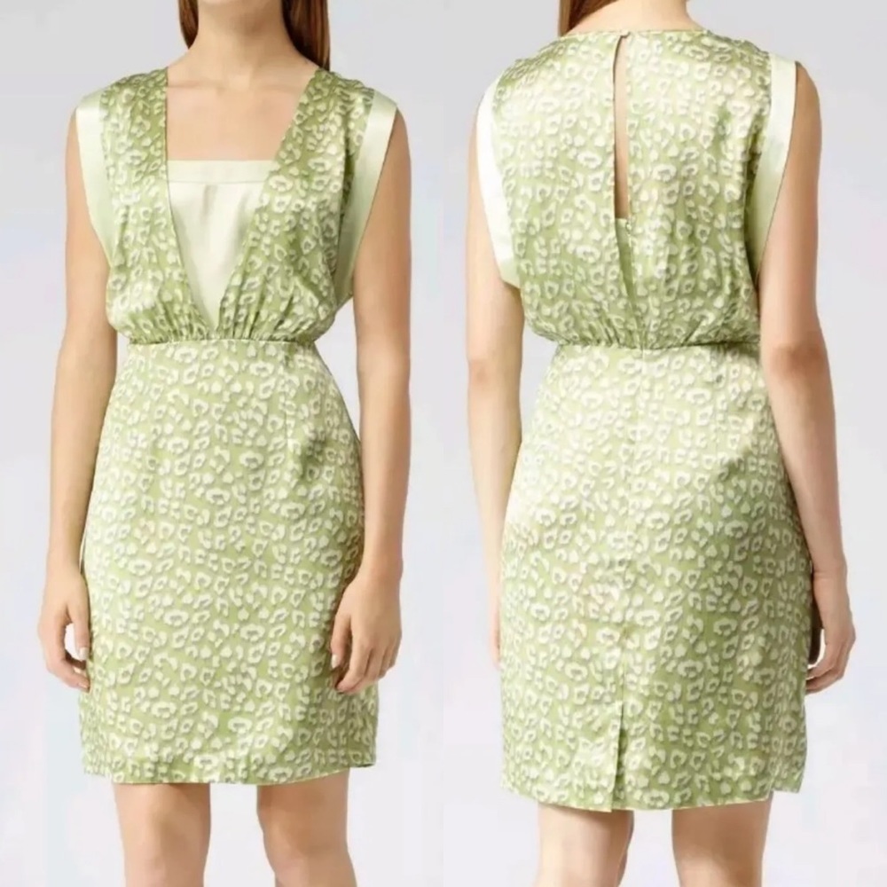 Reiss 100% Silk Arun Green Leopard Print Layer Dress Square Neck Sheath Boho 2 - Picture 2 of 16
